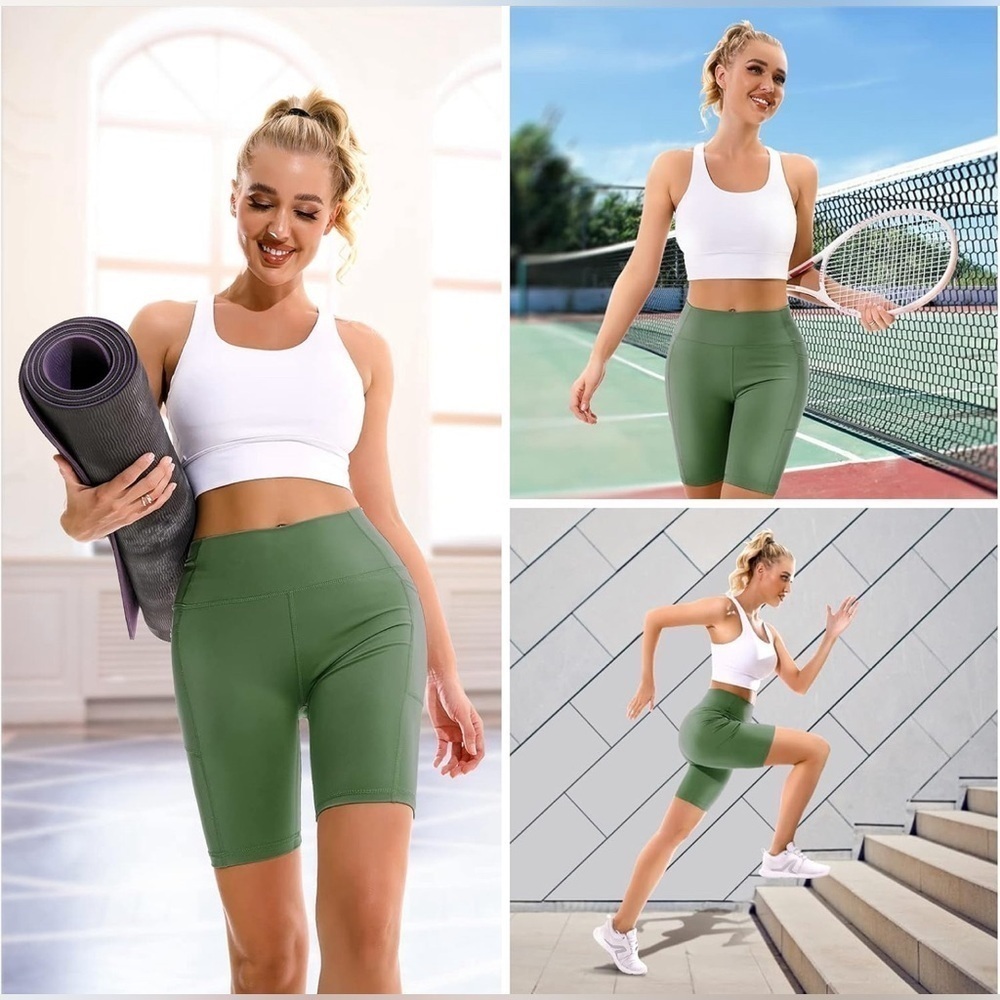 Apexup High Waist, Spandex Yoga Shorts w/Side Pockets-Size Small-Olive Green - Picture 5 of 6